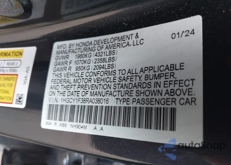 2024 Honda Accord Ex z USA, uszkodzony, nr VIN 1HGCY1F38RA038016